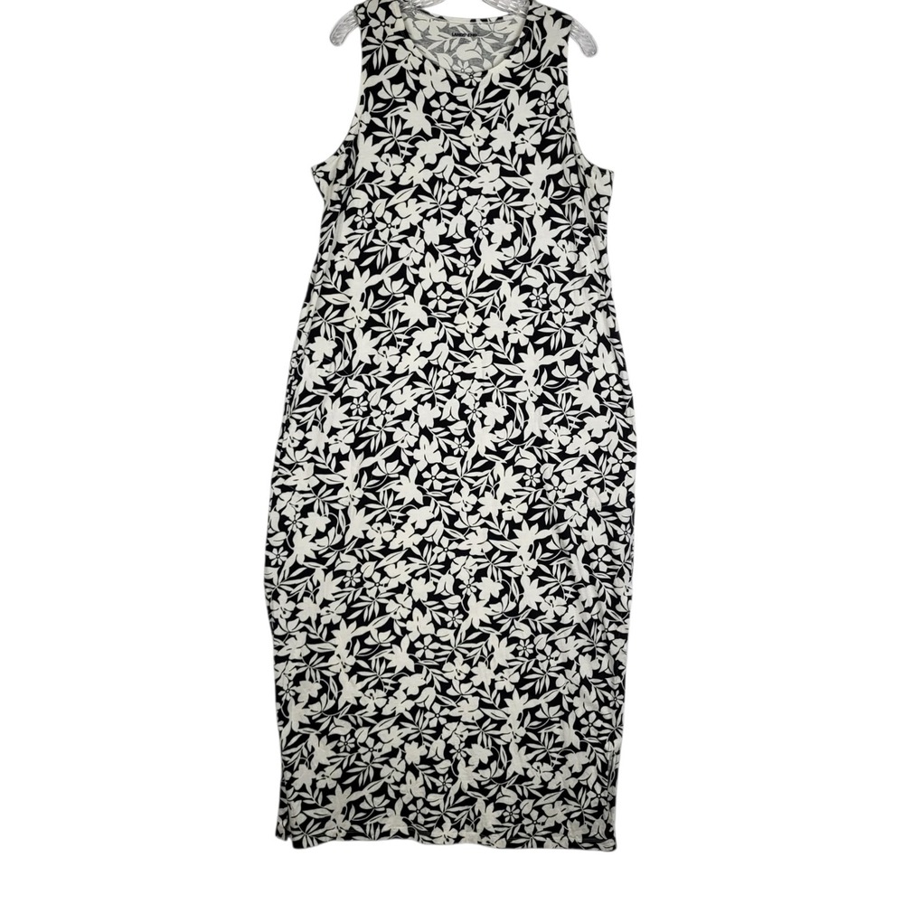 Lands End Maxi Dress Women's Large Black White Floral Vacation Beach Pockets